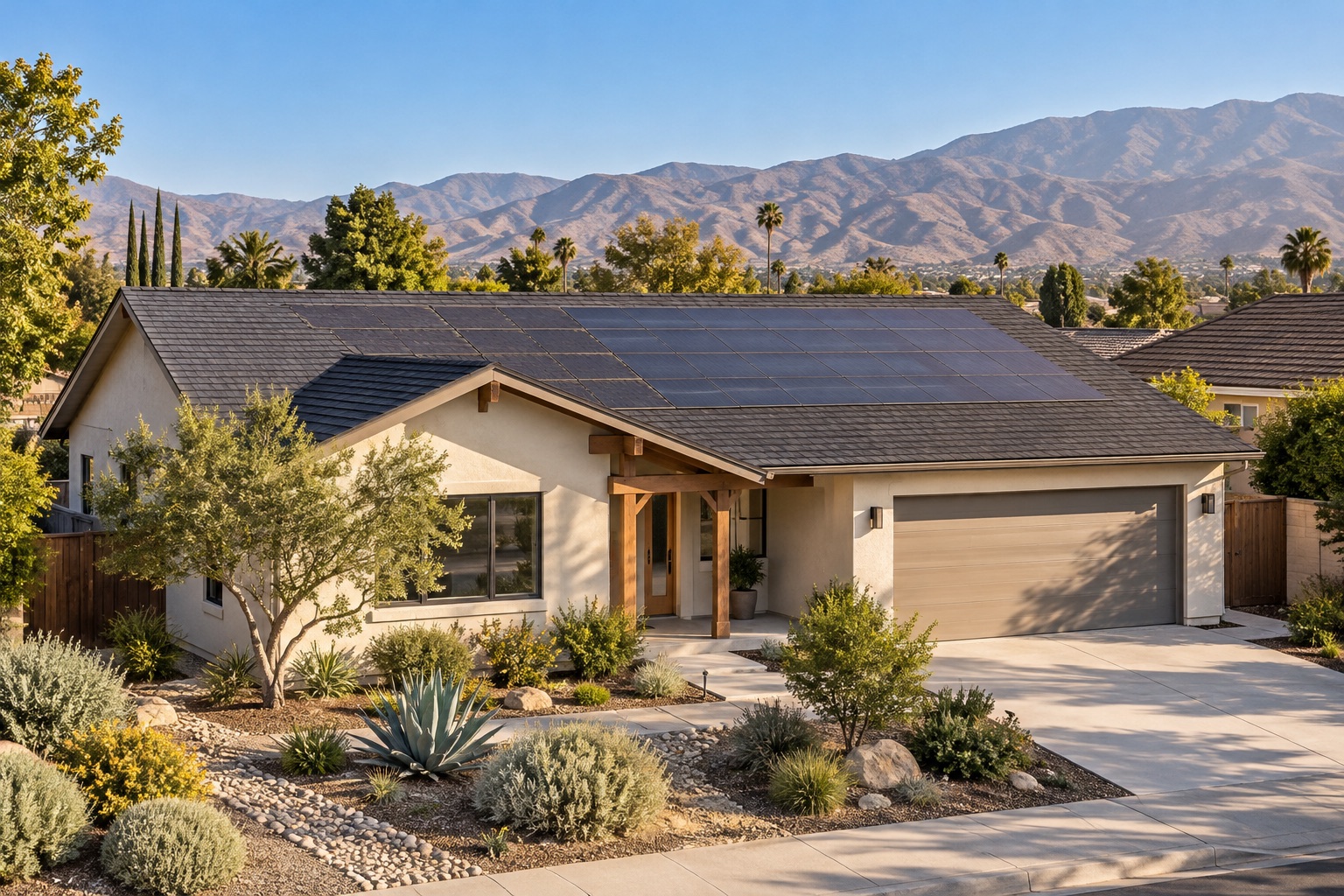 Illustrative single-story Inland Empire-style stucco home with integrated solar roofing and drought-tolerant landscaping